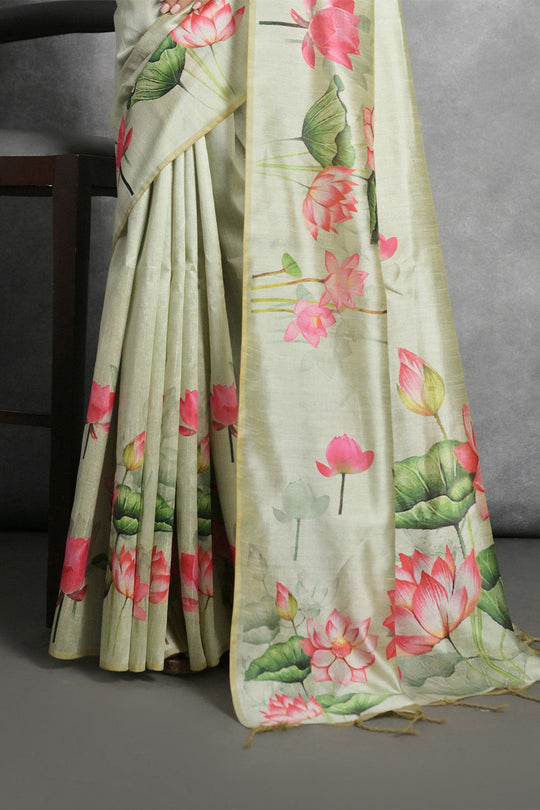 Green Tussar Silk Blend Saree With Blouse Piece