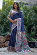 Blue Tussar Silk Blend Saree With Blouse Piece