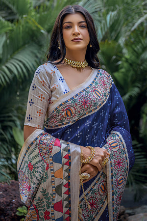 Blue Tussar Silk Blend Saree With Blouse Piece