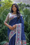 Blue Tussar Silk Blend Saree With Blouse Piece