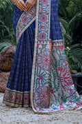 Blue Tussar Silk Blend Saree With Blouse Piece