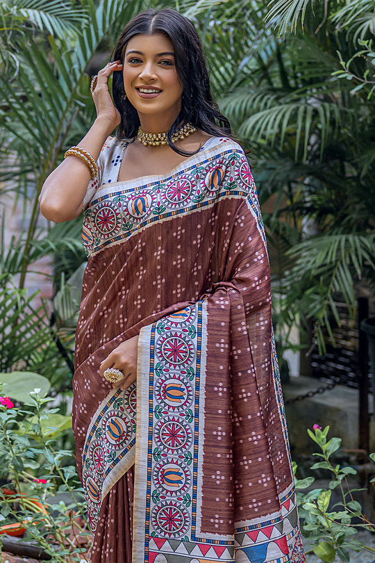Coffee Brown Tussar Silk Blend Saree With Blouse Piece