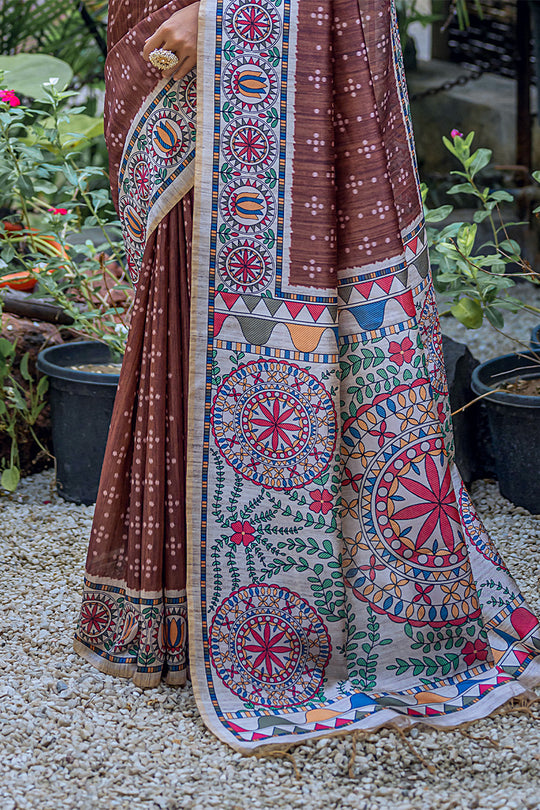 Coffee Brown Tussar Silk Blend Saree With Blouse Piece