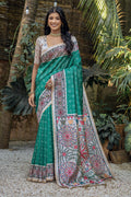 Teal Tussar Silk Blend Saree With Blouse Piece