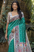 Teal Tussar Silk Blend Saree With Blouse Piece