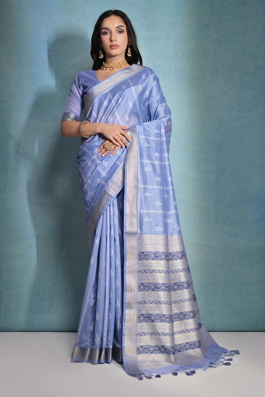 Blue Silk Blend Saree With Blouse Piece