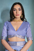 Blue Silk Blend Saree With Blouse Piece