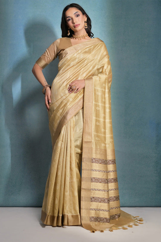 Cream Silk Blend Saree With Blouse Piece