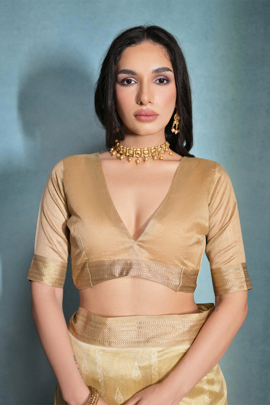 Cream Silk Blend Saree With Blouse Piece