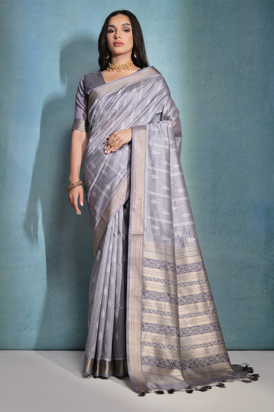 Grey Silk Blend Saree With Blouse Piece