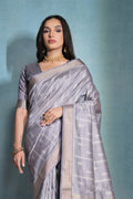 Grey Silk Blend Saree With Blouse Piece