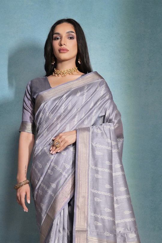 Grey Silk Blend Saree With Blouse Piece