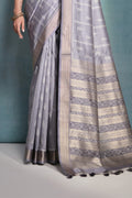 Grey Silk Blend Saree With Blouse Piece