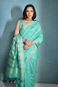 Sea Green Silk Blend Saree With Blouse Piece