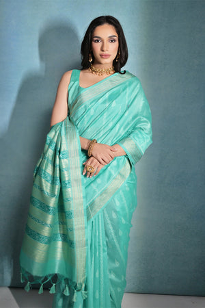 Sea Green Silk Blend Saree With Blouse Piece