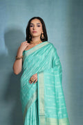 Sea Green Silk Blend Saree With Blouse Piece