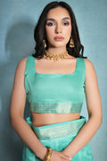 Sea Green Silk Blend Saree With Blouse Piece