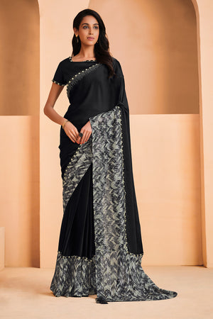 Black Satin Crepe Silk Saree- Embroidery with Digital Sequence