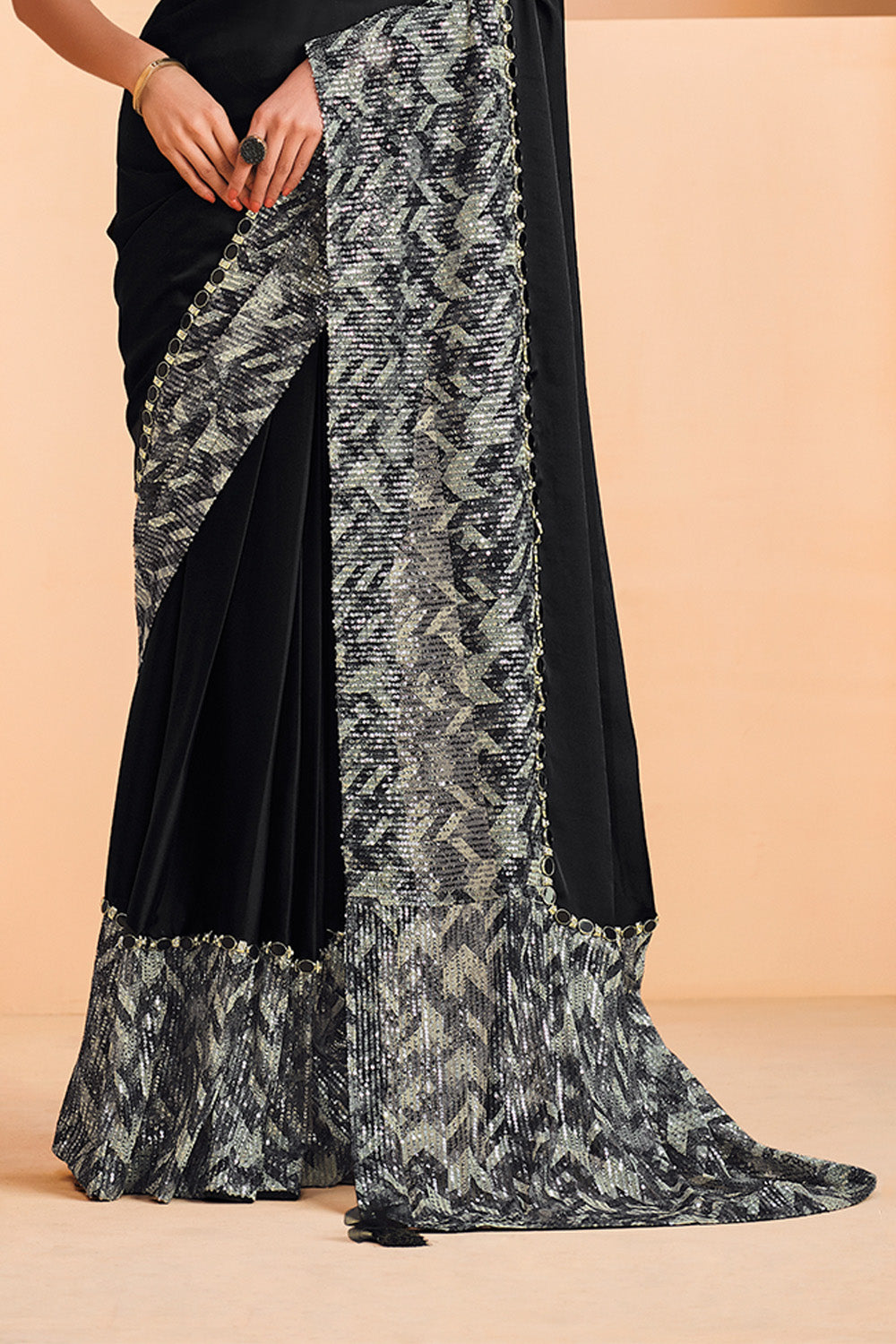 Black Satin Crepe Silk Saree- Embroidery with Digital Sequence