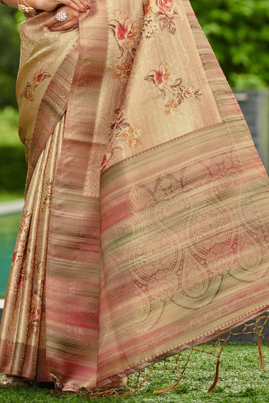 Beige Satin Brocade Saree