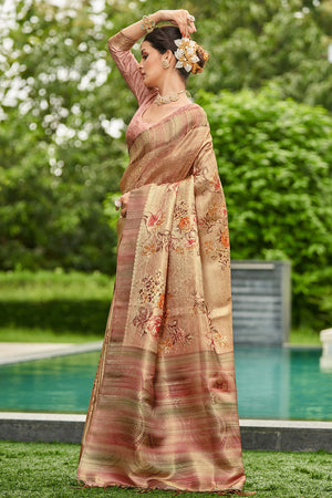 Beige Satin Brocade Saree