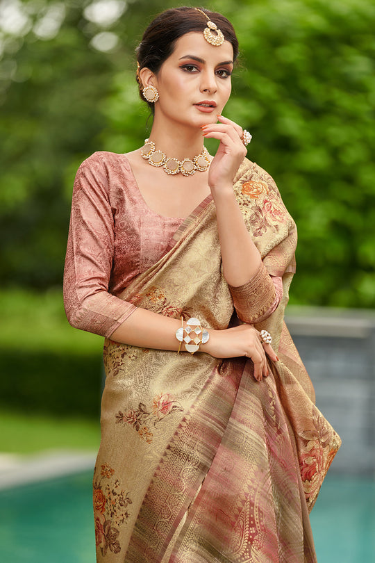 Beige Satin Brocade Saree