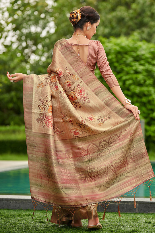 Beige Satin Brocade Saree