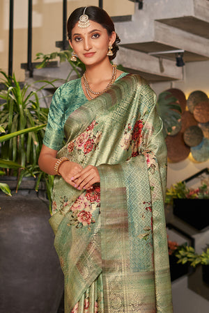 Green Satin Brocade Saree