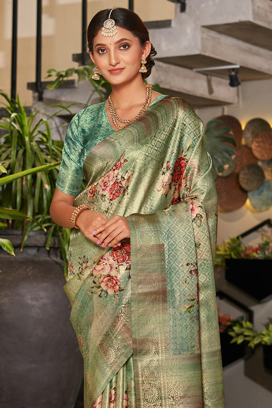 Green Satin Brocade Saree