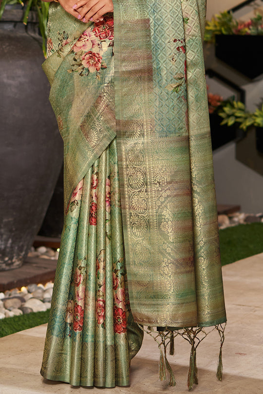 Green Satin Brocade Saree