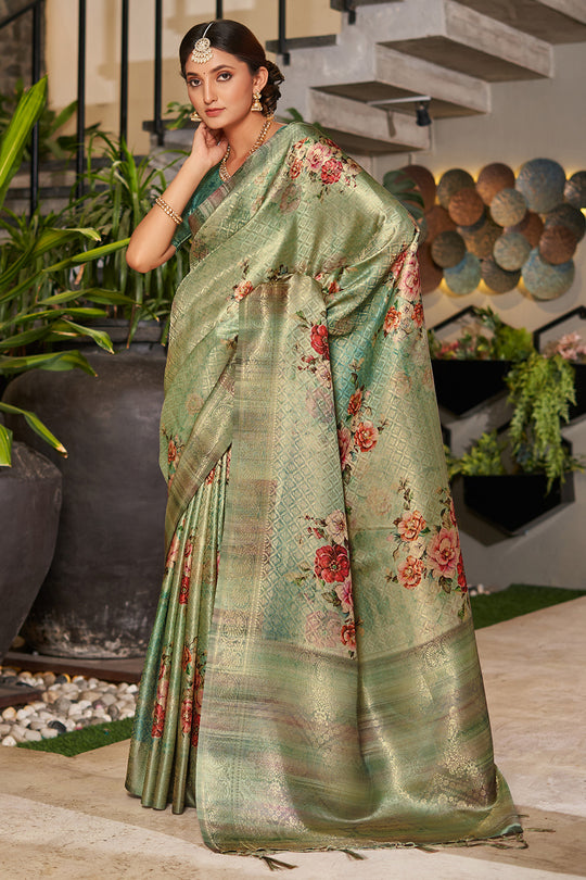 Green Satin Brocade Saree