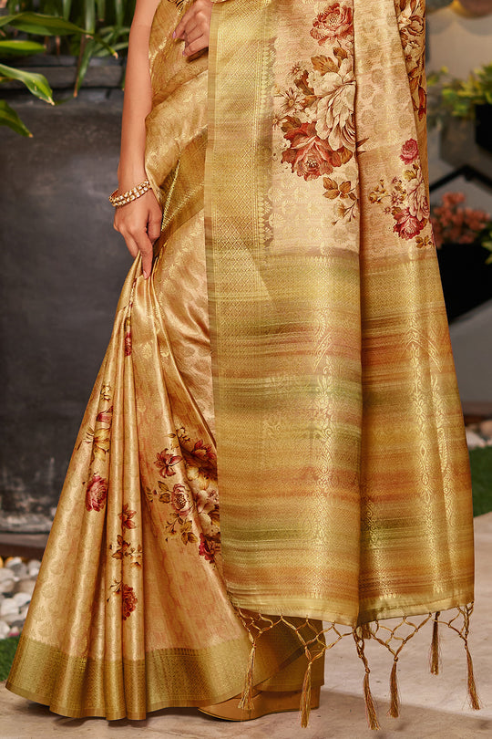 Mustard Yellow Satin Brocade Saree