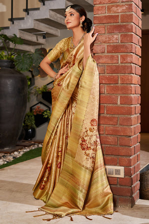 Mustard Yellow Satin Brocade Saree