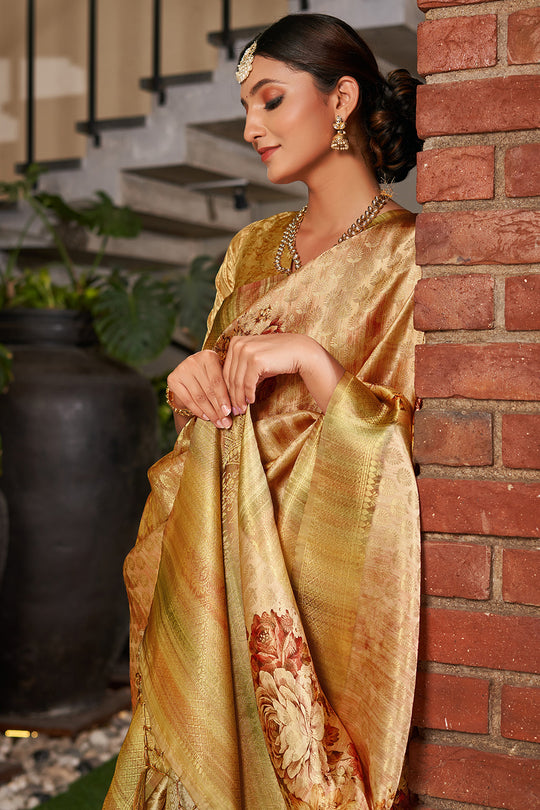 Mustard Yellow Satin Brocade Saree