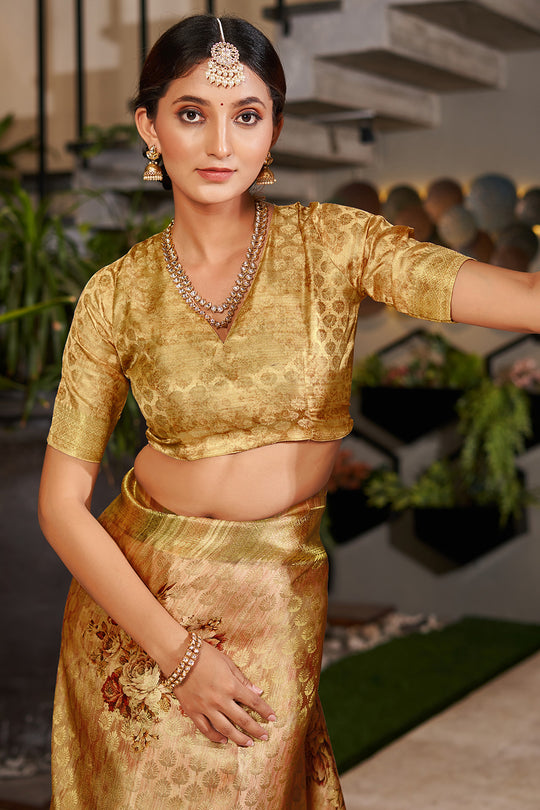 Mustard Yellow Satin Brocade Saree