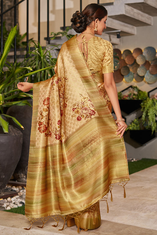 Mustard Yellow Satin Brocade Saree