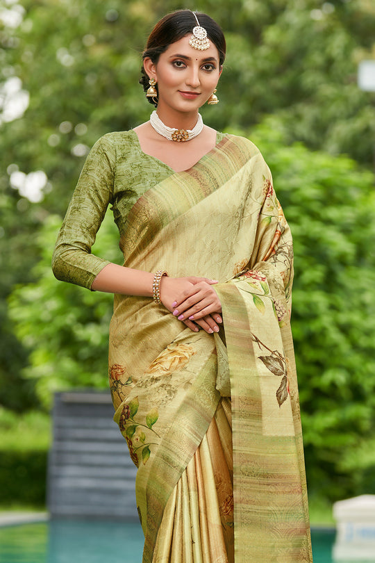 Pista Green Satin Brocade Saree