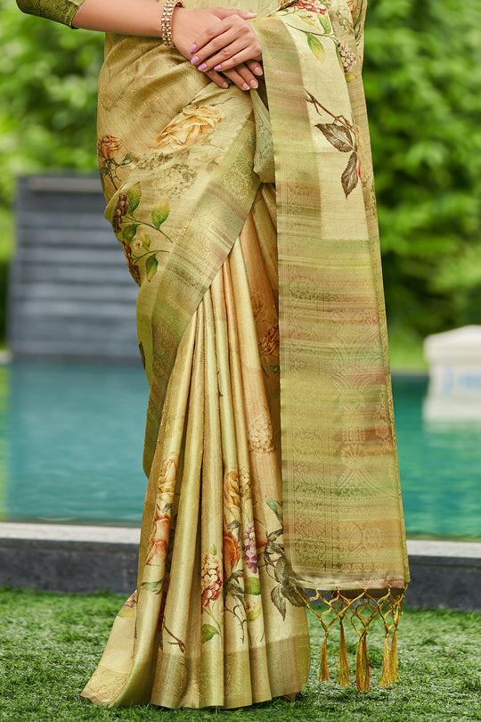 Pista Green Satin Brocade Saree