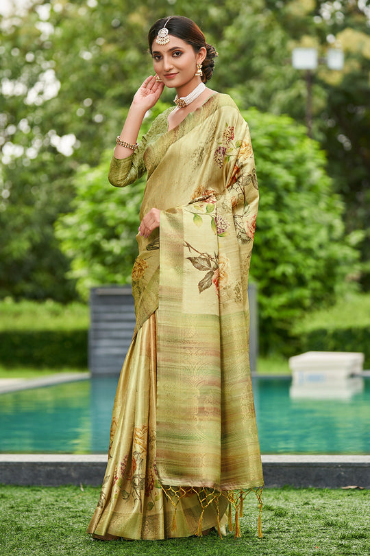 Pista Green Satin Brocade Saree