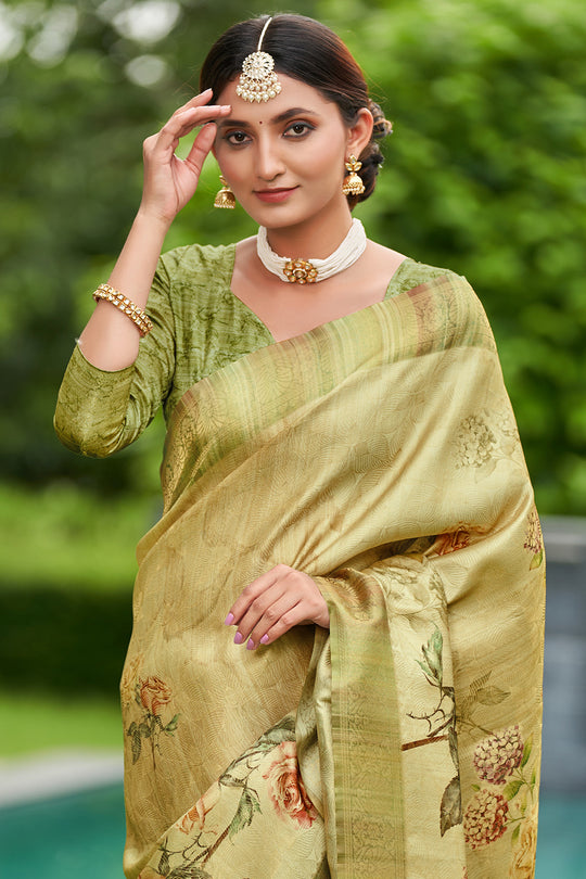 Pista Green Satin Brocade Saree