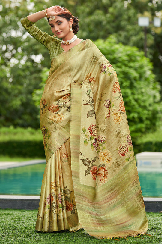 Pista Green Satin Brocade Saree