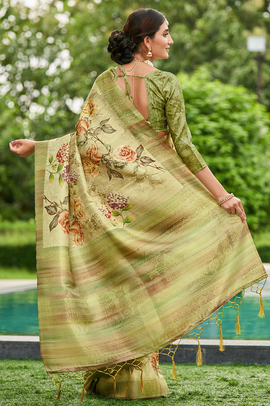 Pista Green Satin Brocade Saree