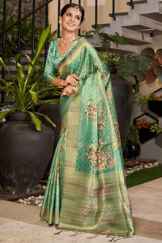 Rama Green Satin Brocade Saree