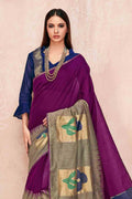 Womens Linen Blend Purple Saree With Blouse Piece