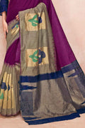 Womens Linen Blend Purple Saree With Blouse Piece