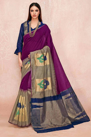 Womens Linen Blend Purple Saree With Blouse Piece