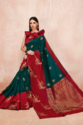 Womens Linen Blend Green Saree With Blouse Piece
