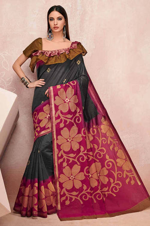 Womens Linen Blend Grey Saree With Blouse Piece