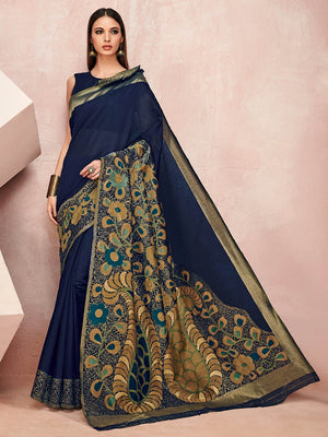 Womens Linen Blend Blue Saree With Blouse Piece