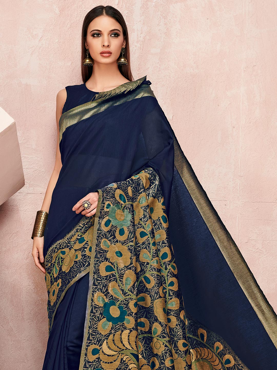 Womens Linen Blue Saree With Blouse Piece
